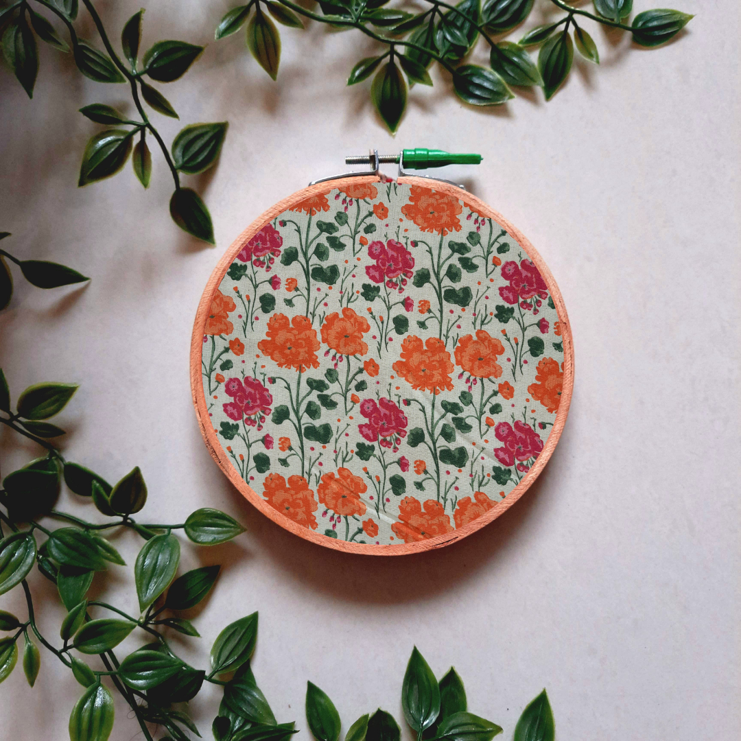 Orange and Pink Floral Print Embroidery Hoop | Upcycled Fabric | Handmade Wall Decor