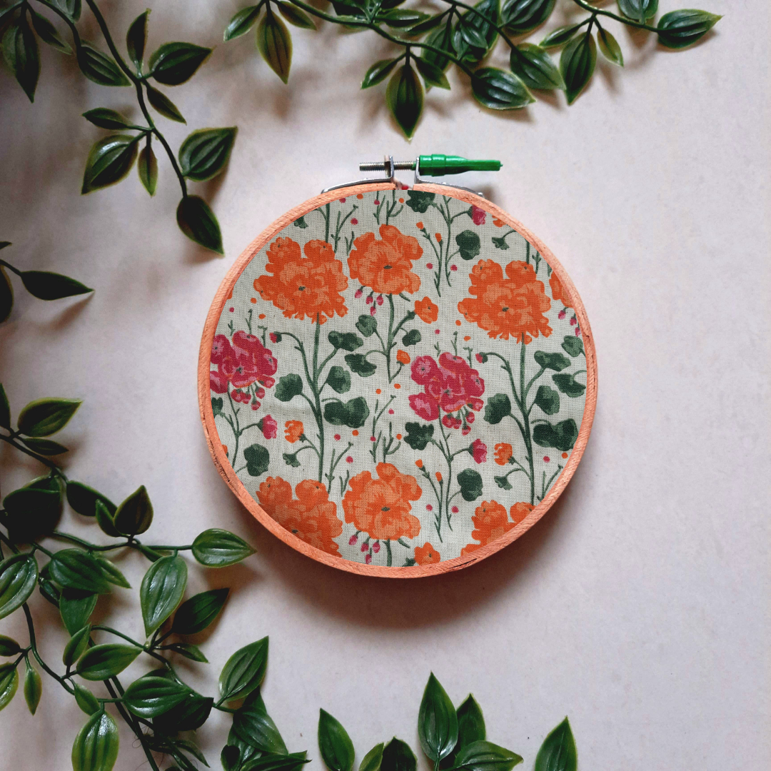 Orange and Pink Floral Print Embroidery Hoop | Upcycled Fabric | Handmade Wall Decor