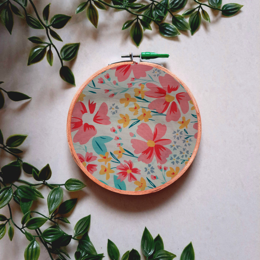 Pink Floral Print Embroidery Hoop | Upcycled Fabric | Handmade Wall Art