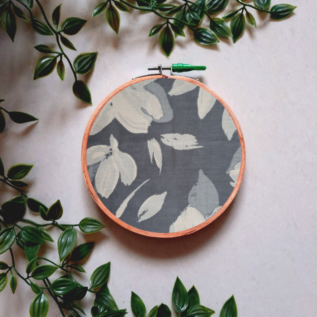 Grey and White Floral Print Embroidery Hoop | Upcycled Fabric | Handmade Wall Art