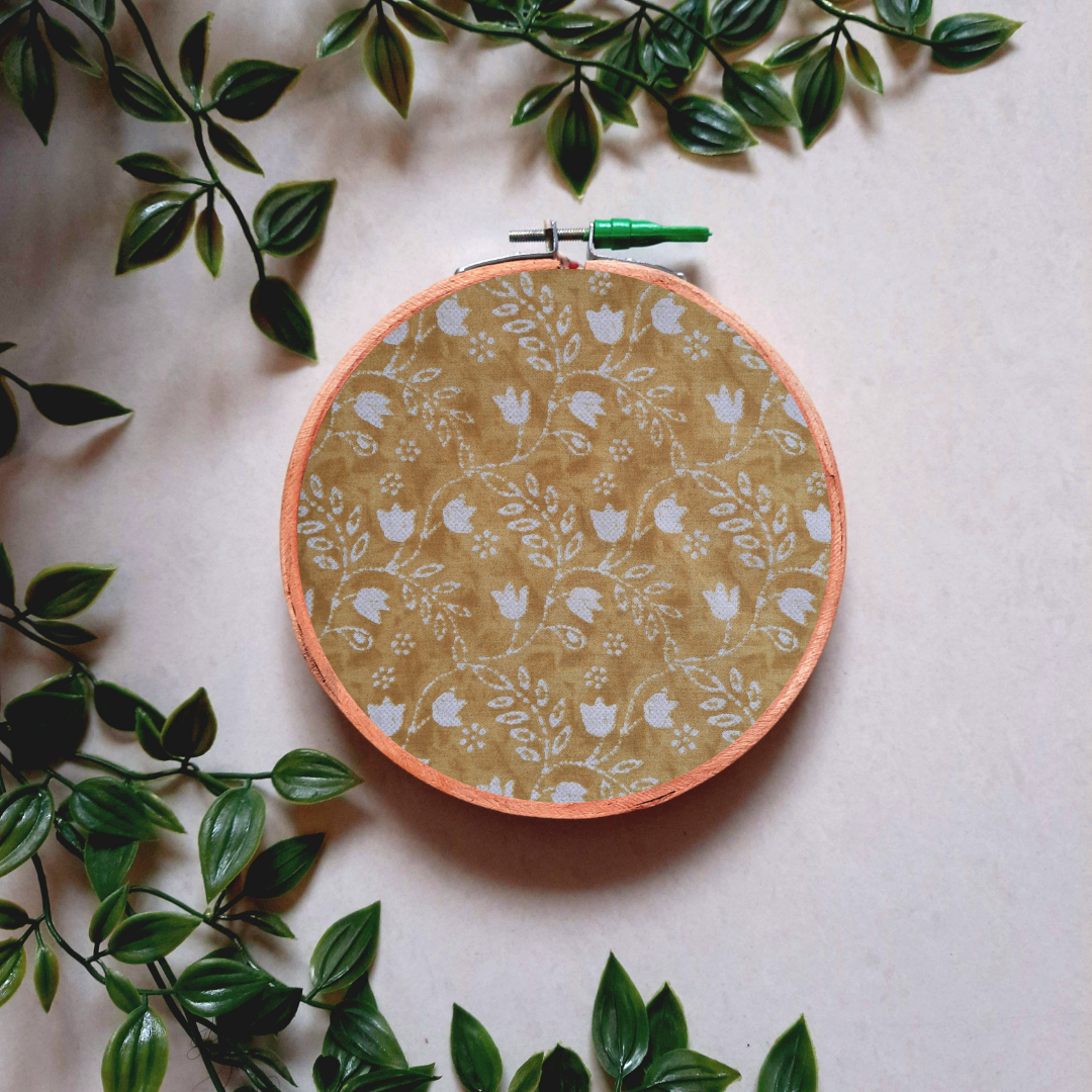 Mustard Yellow and White Floral Print Embroidery Hoop | Upcycled Fabric | Handmade Wall Art