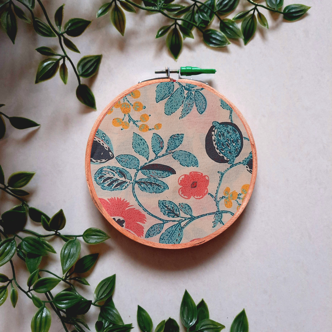 White Cotton Fabric Embroidery Hoop Wall Decor | Upcycled with Multicolor Flowers