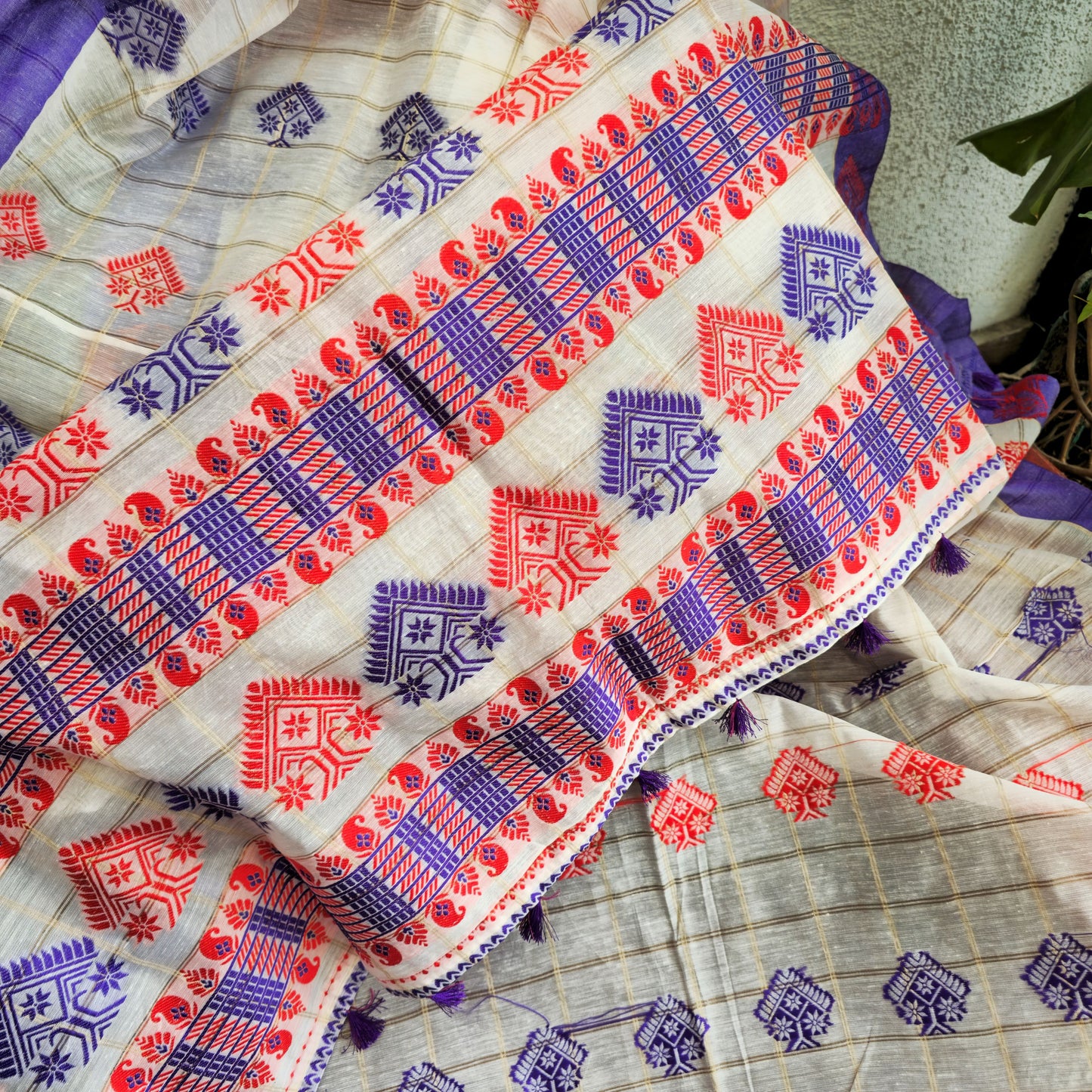 Red and Purple Assamese Handloom Sheer Curtain with Gach Buta Tree Motif | Cotton-Silk Blend | Traditional Assamese Design