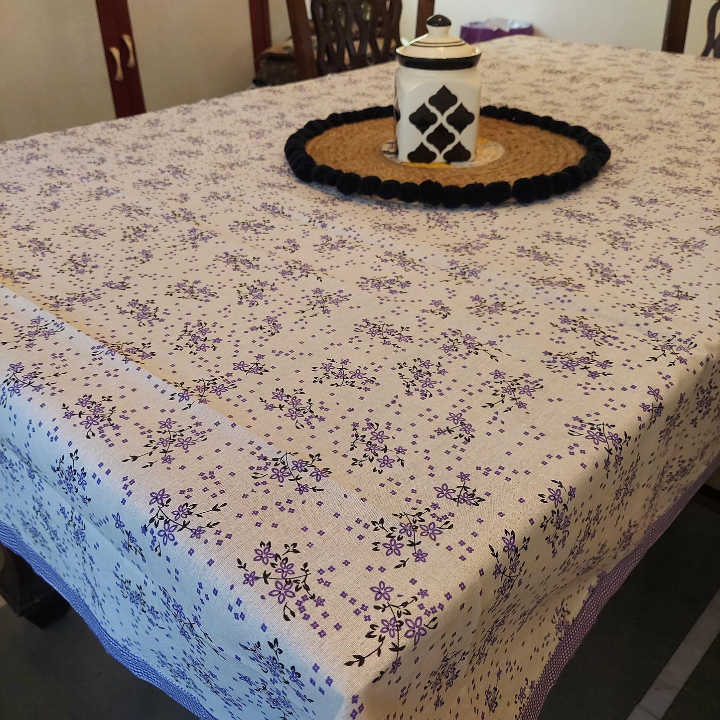 White And Purple Floral Printed Pure Cotton Table Cover