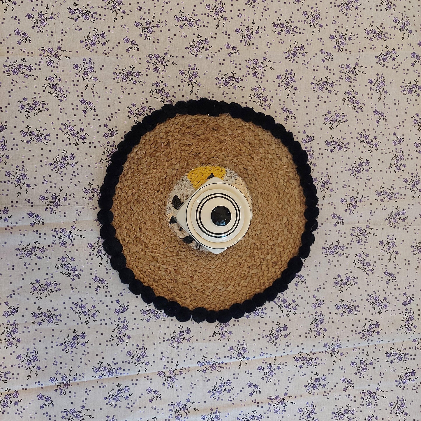 White And Purple Floral Printed Pure Cotton Table Cover