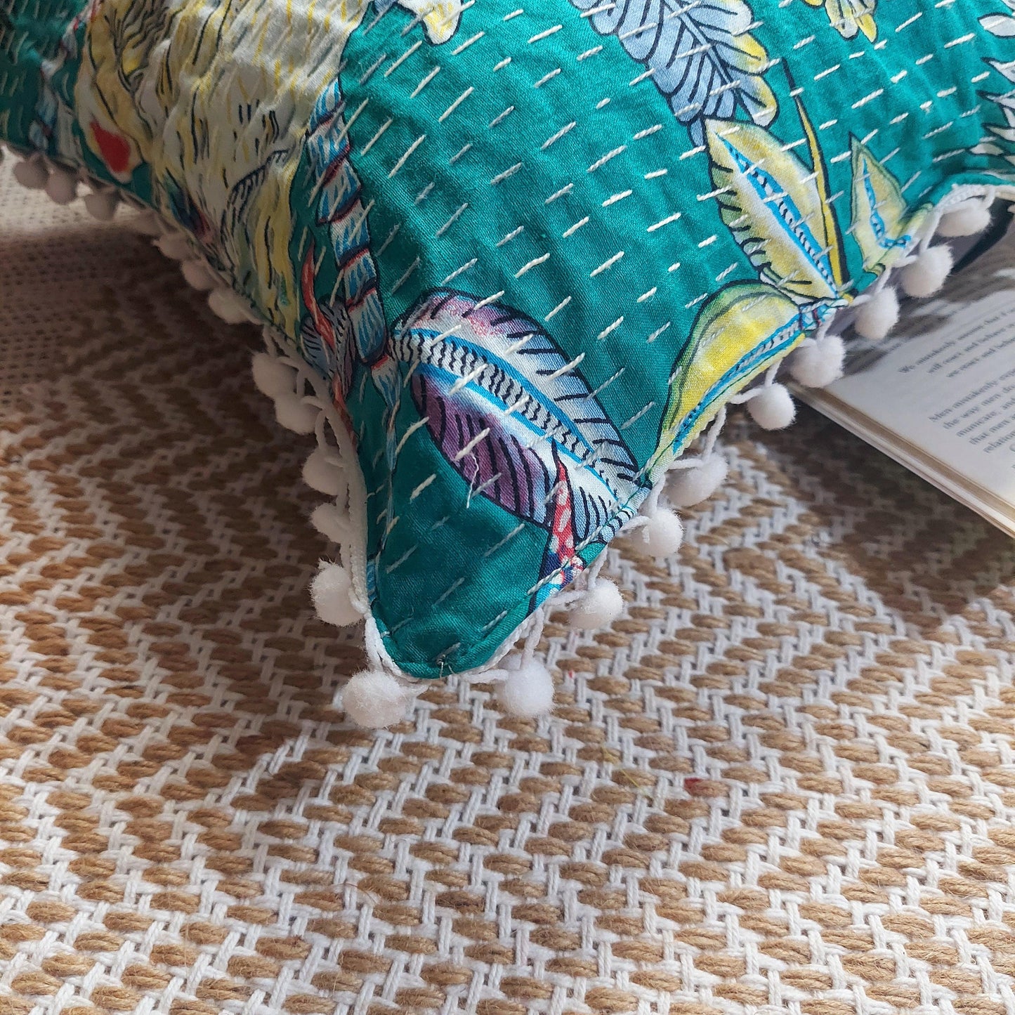 Green Kantha Work Monkey Print Cushion Cover with Pom Pom Lace