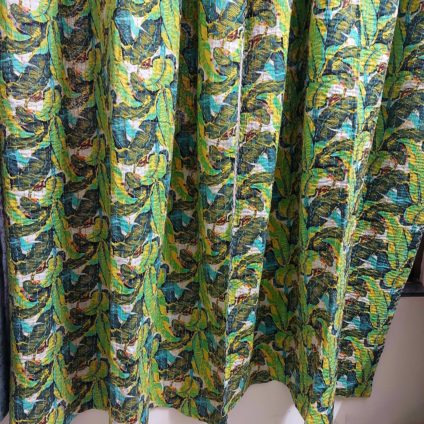 Handmade Kantha Work Black and Green Banana Leaves Print Blackout Curtain | Unique Design