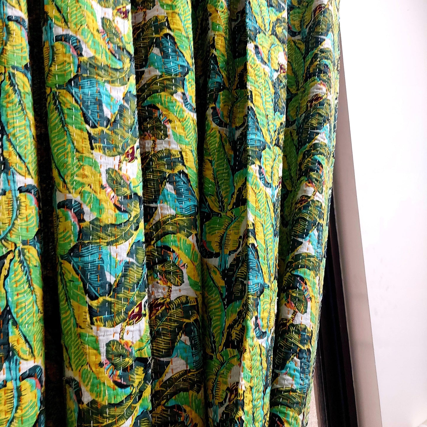 Handmade Kantha Work Black and Green Banana Leaves Print Blackout Curtain | Unique Design