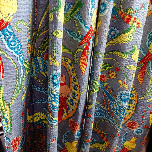 Handmade Kantha Work Grey Tropical Bird Print Blackout Curtain | Unique Design