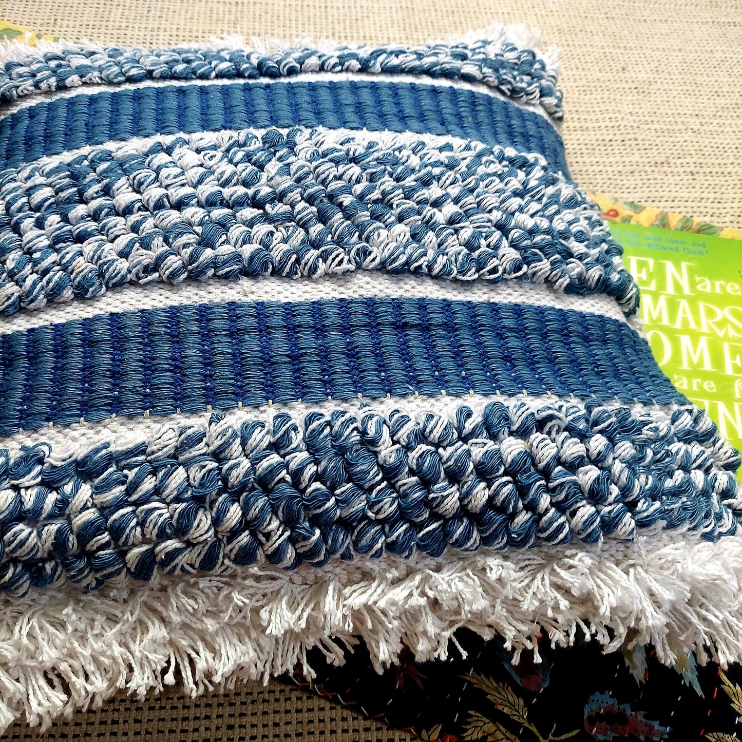 Handwoven Blue Tufted Boho Cushion Cover