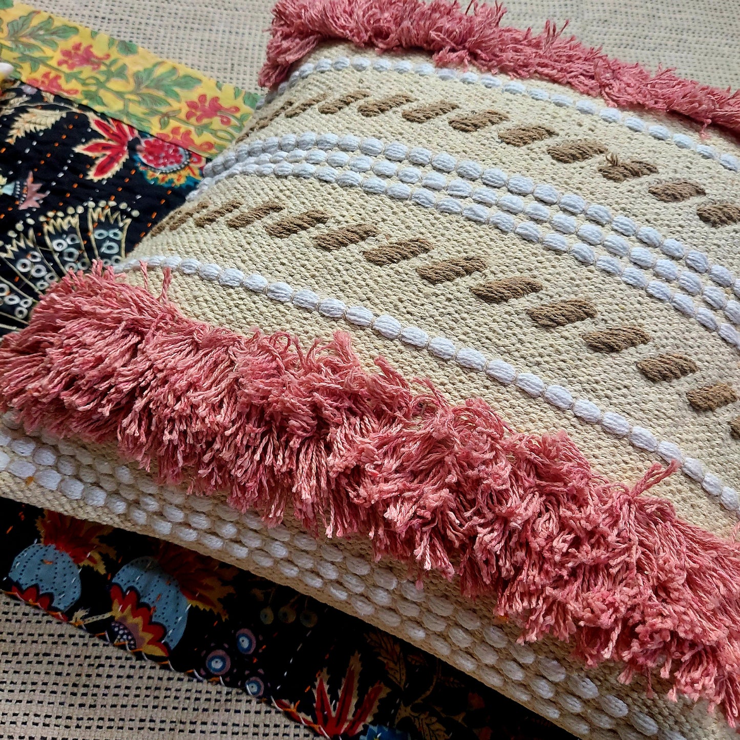 White & Pink Hand-Tufted Boho Cushion Cover | Shaggy Textured Cotton | Handwoven Decor