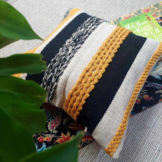 Handwoven Yellow And Black Tufted Boho Cushion Cover