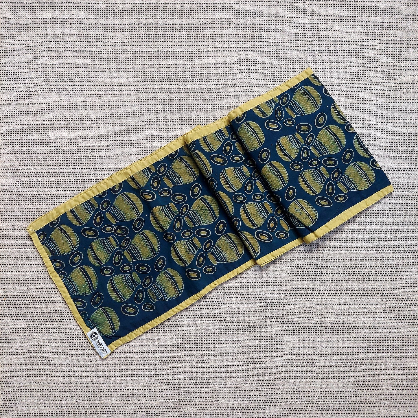 Ajrakh Block Printed Blue-Yellow Handmade Cotton 6 Seater Table Runner