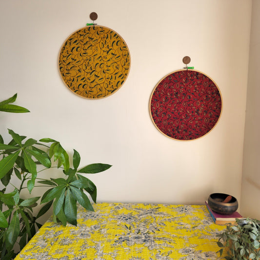 Ajrakh Embroidery Hoop with Mustard Yellow & Dark Green Leaf Motifs – Upcycled Fabric | Multiple Sizes