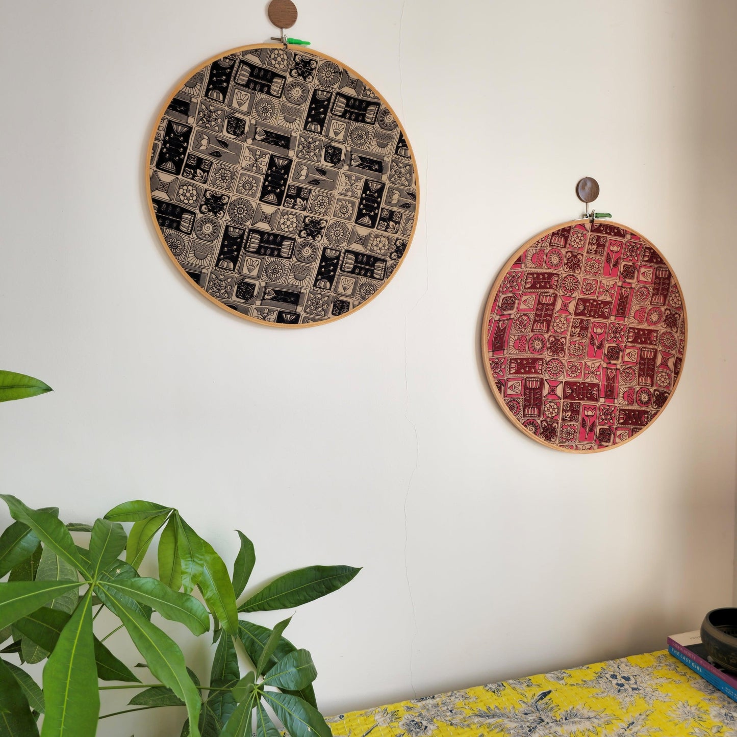 Geometric Print Ajrakh Embroidery Hoop – Abstract Shades of Red | Upcycled Fabric | Multiple Sizes