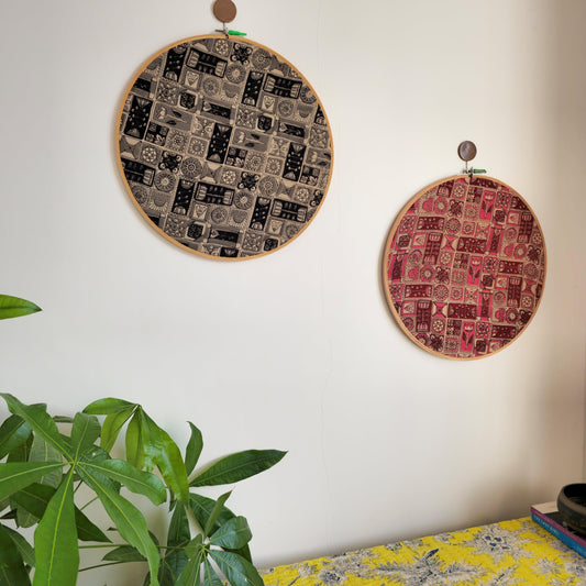Geometric Print Ajrakh Embroidery Hoop – Abstract Shades of Red | Upcycled Fabric | Multiple Sizes