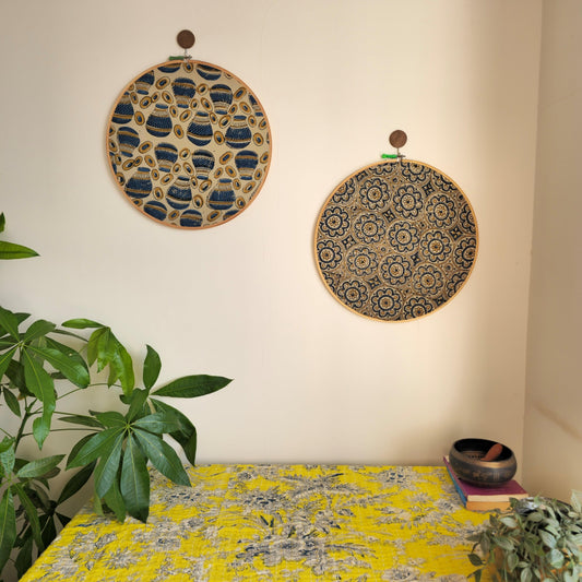 Ajrakh Block Printed Embroidery Hoop – Beige, Indigo & Mud Yellow with Quirky Matka Design | Multiple Sizes
