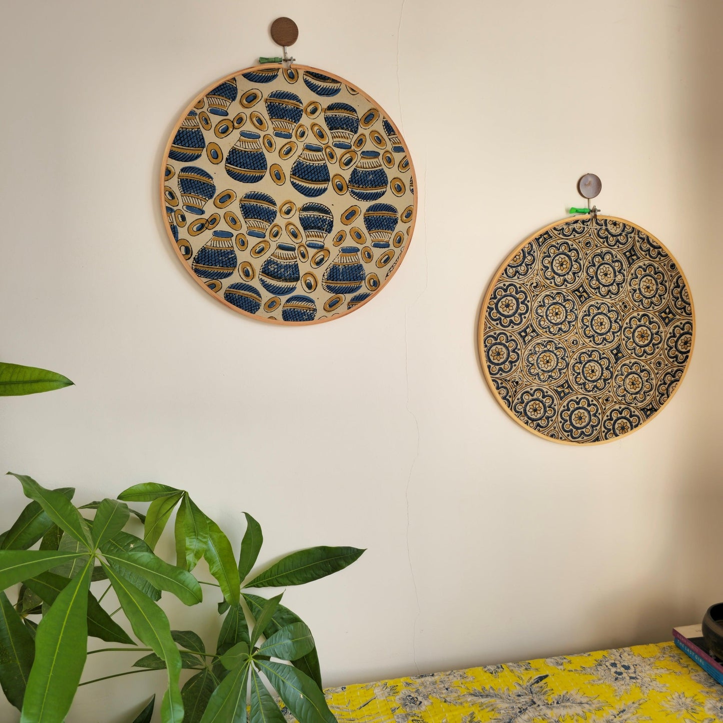 Ajrakh Block Printed Embroidery Hoop – Beige, Indigo & Mud Yellow with Quirky Matka Design | Multiple Sizes
