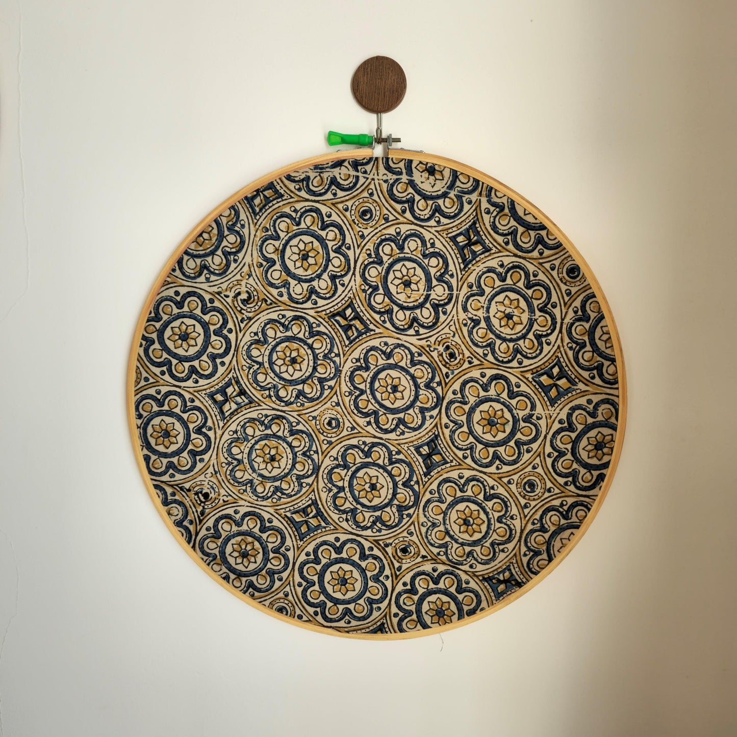 Beige Geometric & Indigo Flower Ajrakh Block Print Embroidery Hoop – Upcycled Fabric | Multiple Sizes