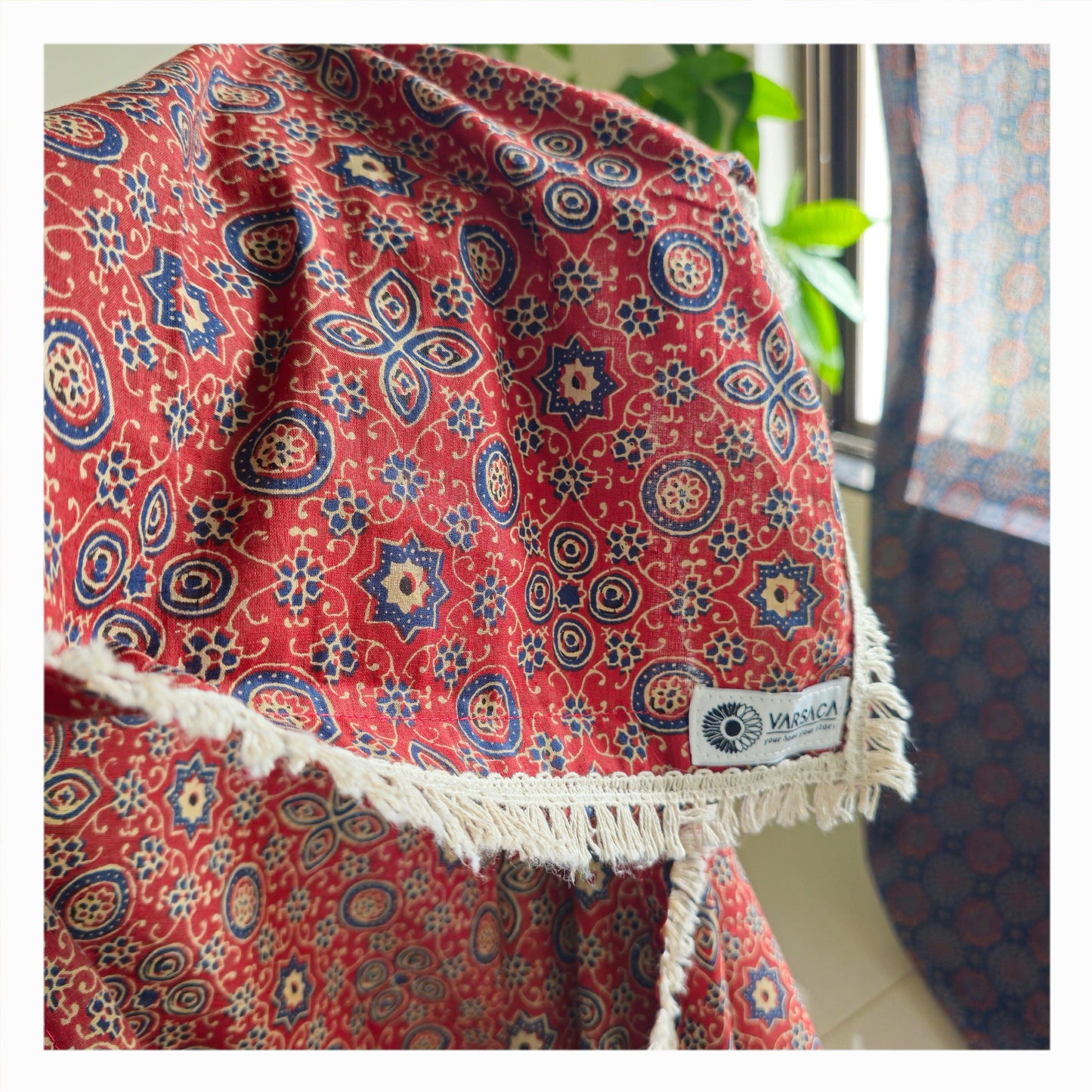 Red and Maroon Geometric Motif Ajrakh Block Print Sheer Curtains with White Cotton Tassel Lace