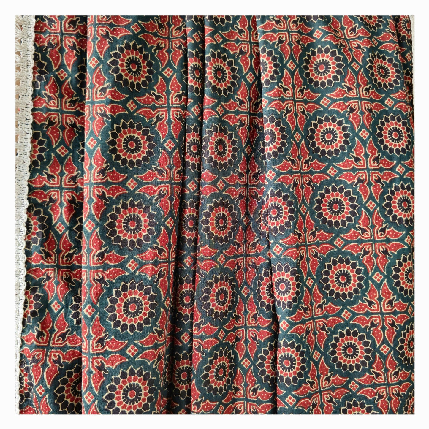 Green and Maroon Geometric Motif Ajrakh Block Print Sheer Curtains with White Cotton Tassel Lace