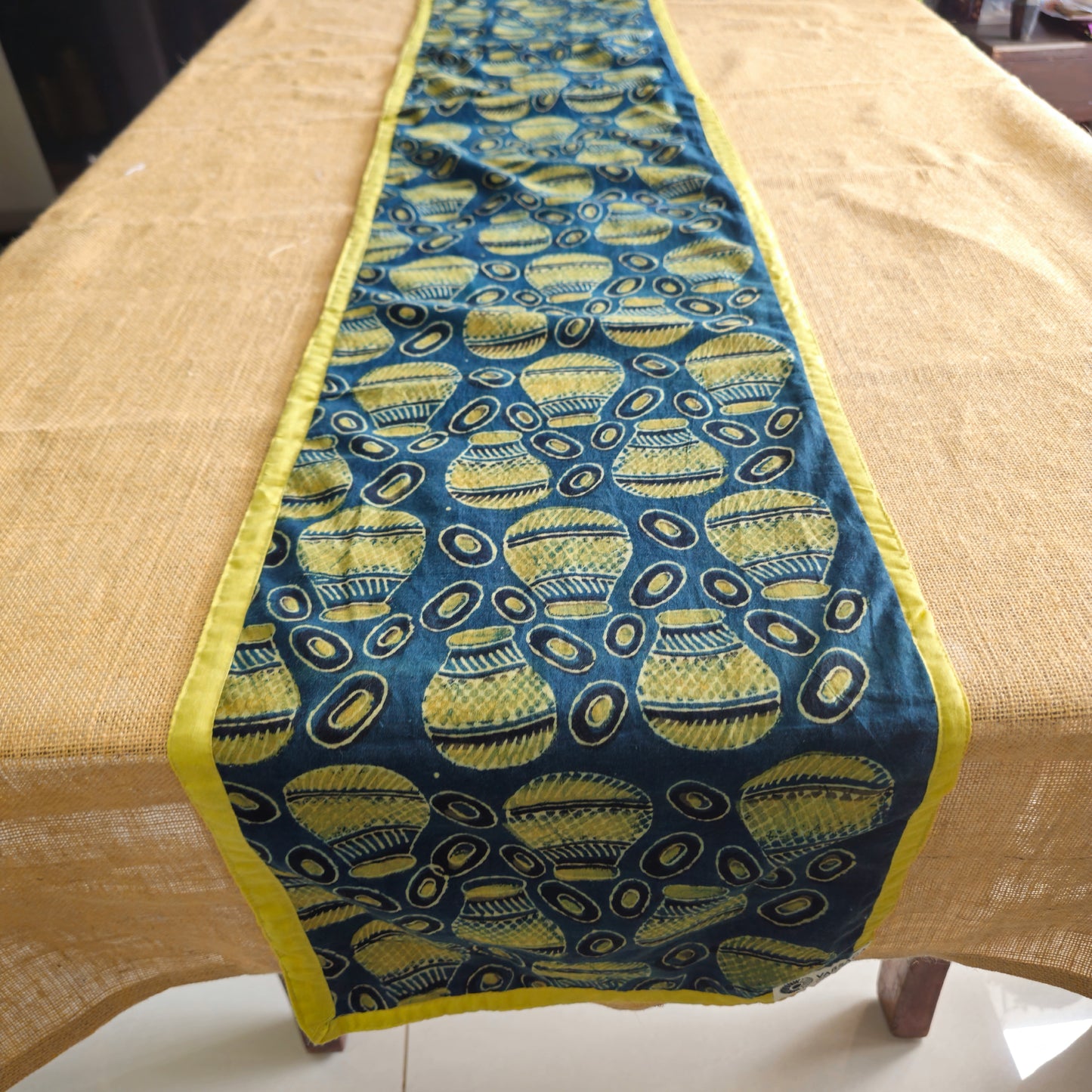 Ajrakh Block Printed Blue-Yellow Handmade Cotton 6 Seater Table Runner
