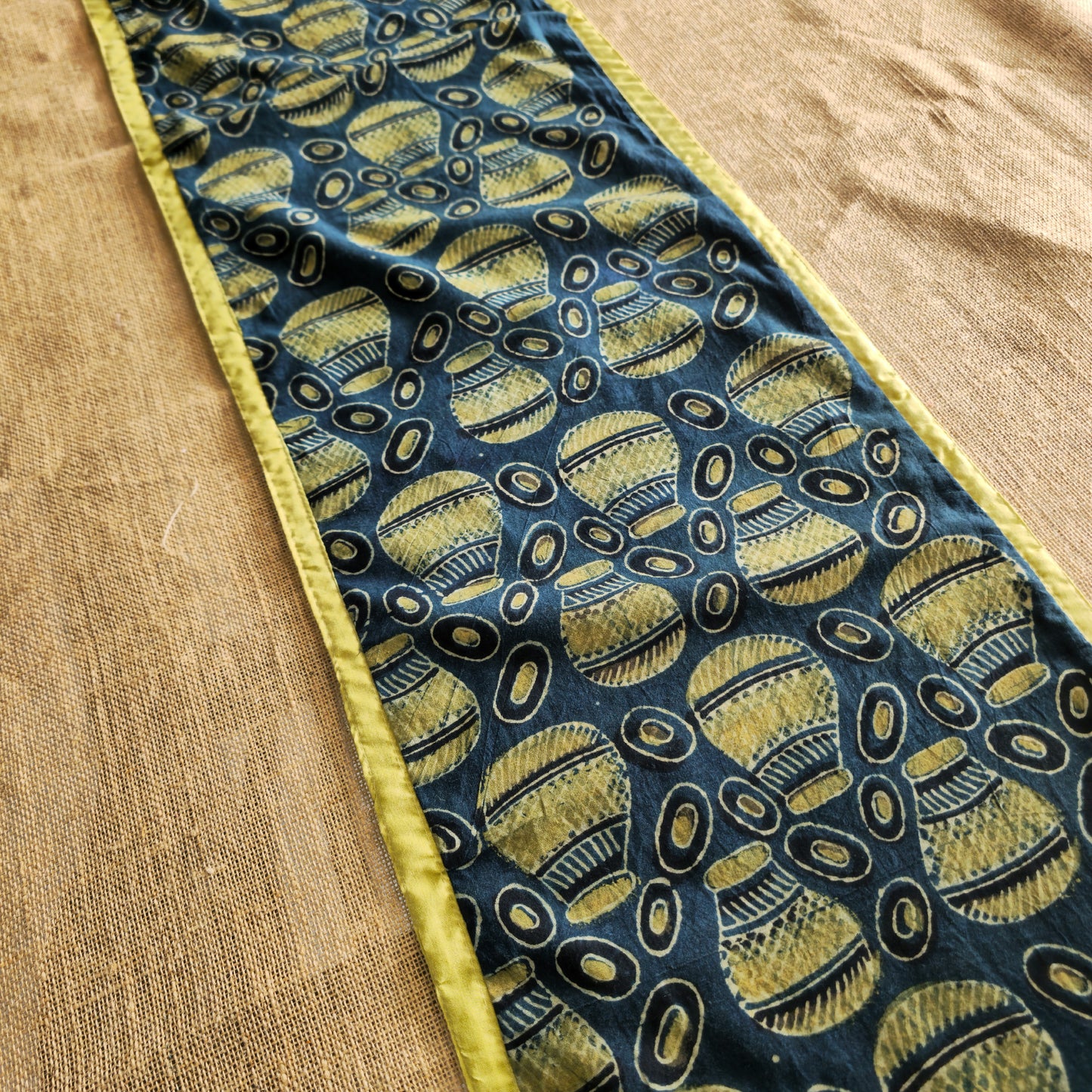Ajrakh Block Printed Blue-Yellow Handmade Cotton 6 Seater Table Runner
