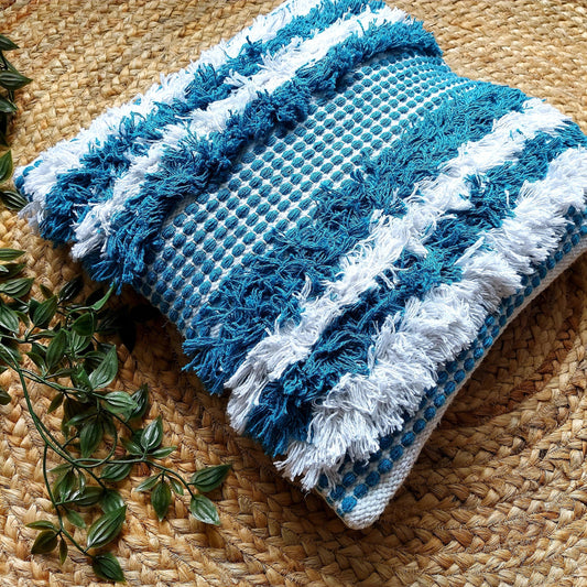 Handwoven Sky Blue Tufted Boho Cushion Cover