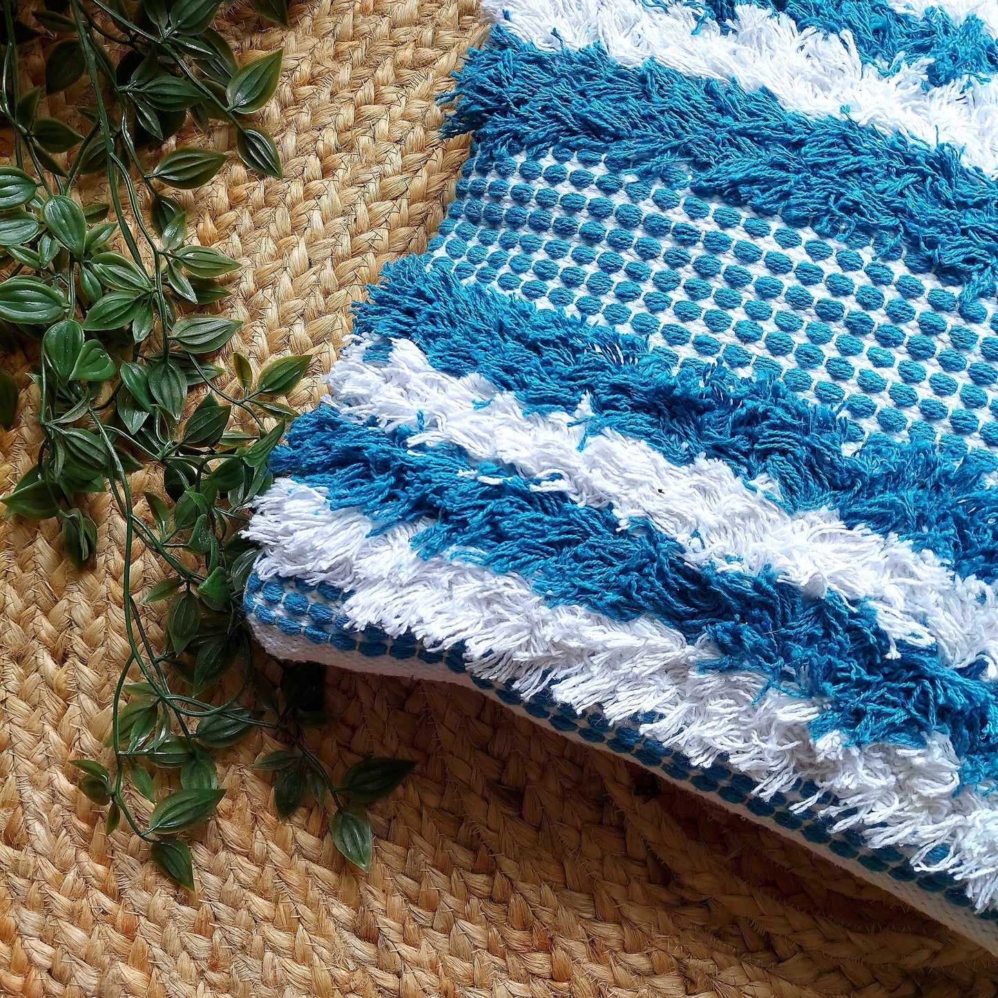 Handwoven Sky Blue Tufted Boho Cushion Cover