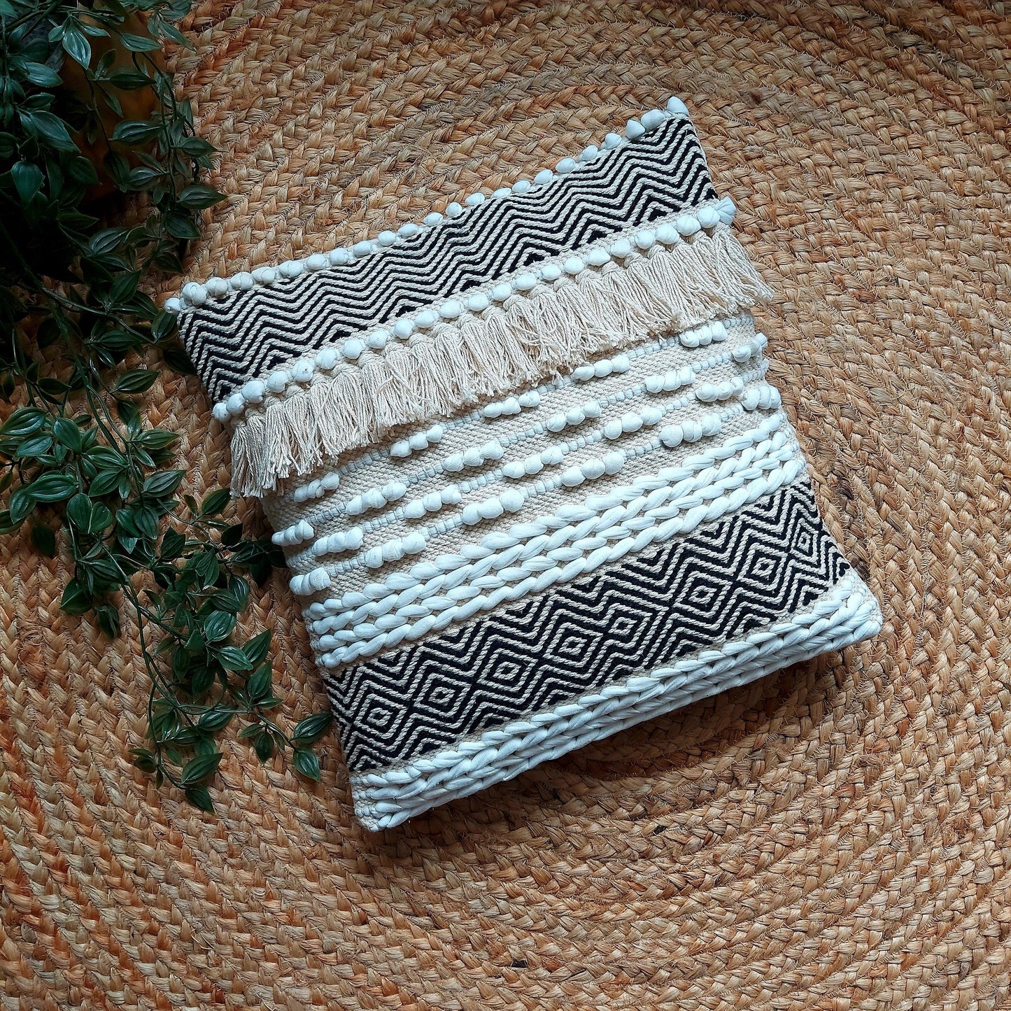 Handwoven Black And Off White Tufted Boho Cushion Cover
