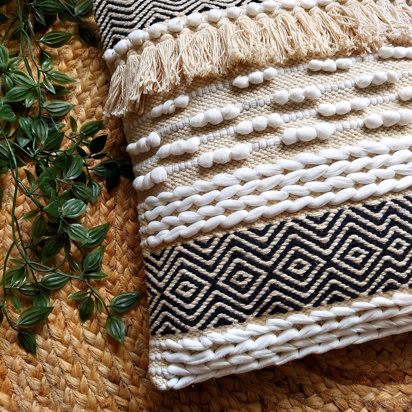 Handwoven Black And Off White Tufted Boho Cushion Cover