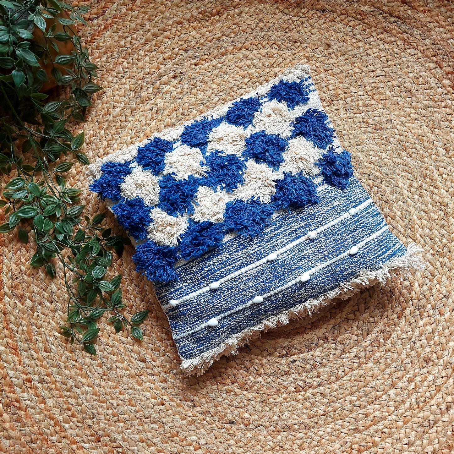 Handwoven Blue and White Tufted Boho Cushion Cover