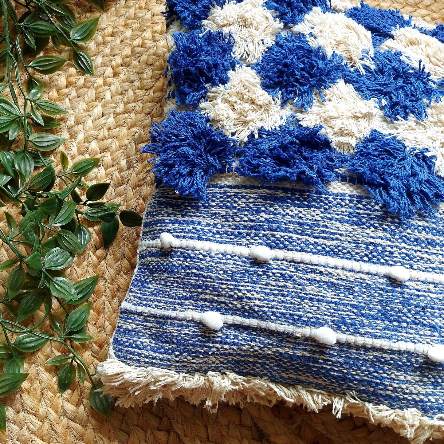 Handwoven Blue and White Tufted Boho Cushion Cover