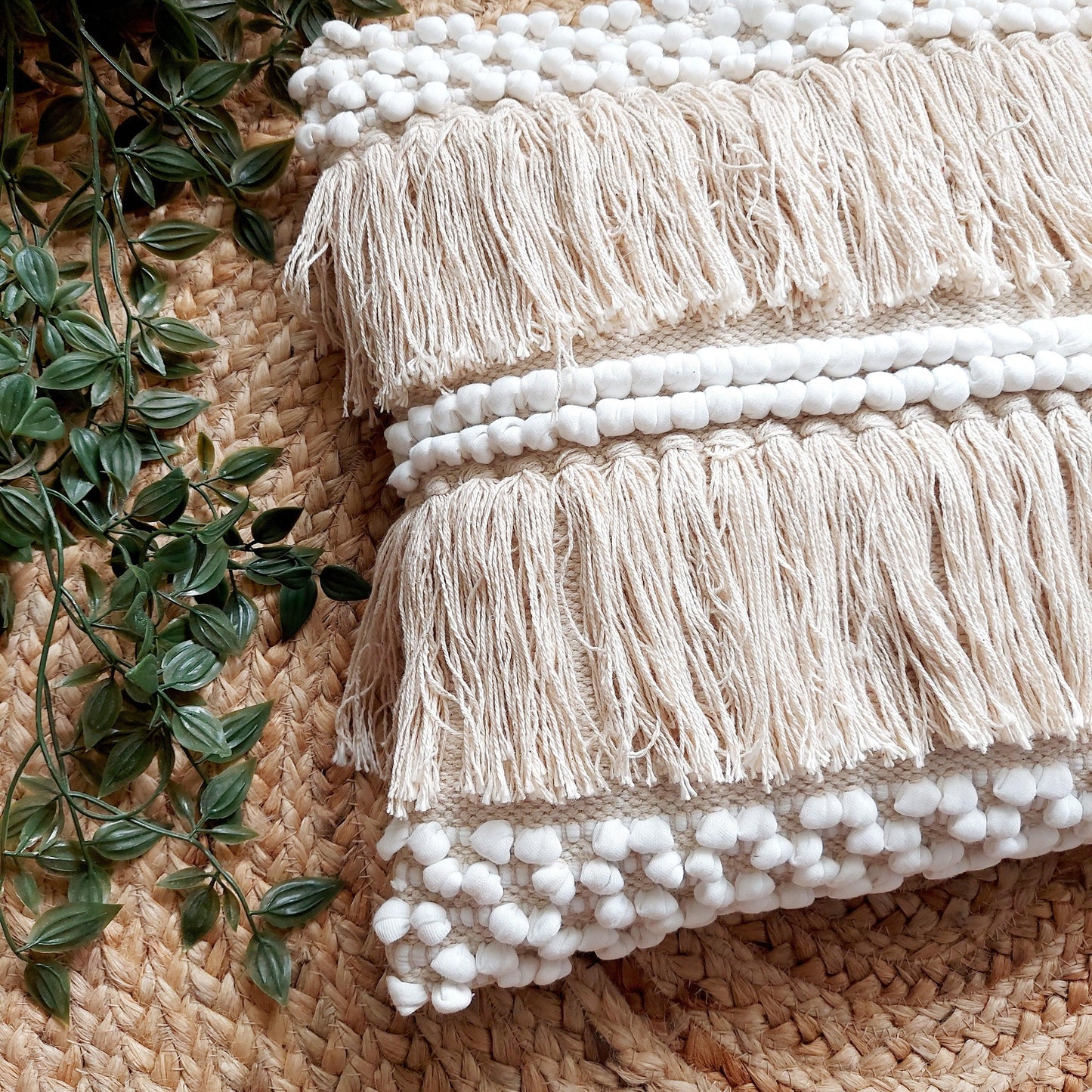 Handwoven Off White Tufted Boho Cushion Cover