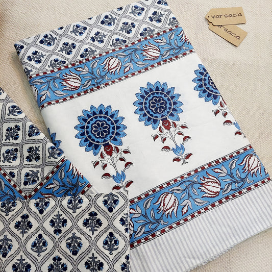 Mughal pattern Pure Cotton Blue Floral Print King Size Bed Sheet