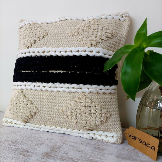 Handwoven Off White Tufted Boho Cushion Cover with Black Stripe