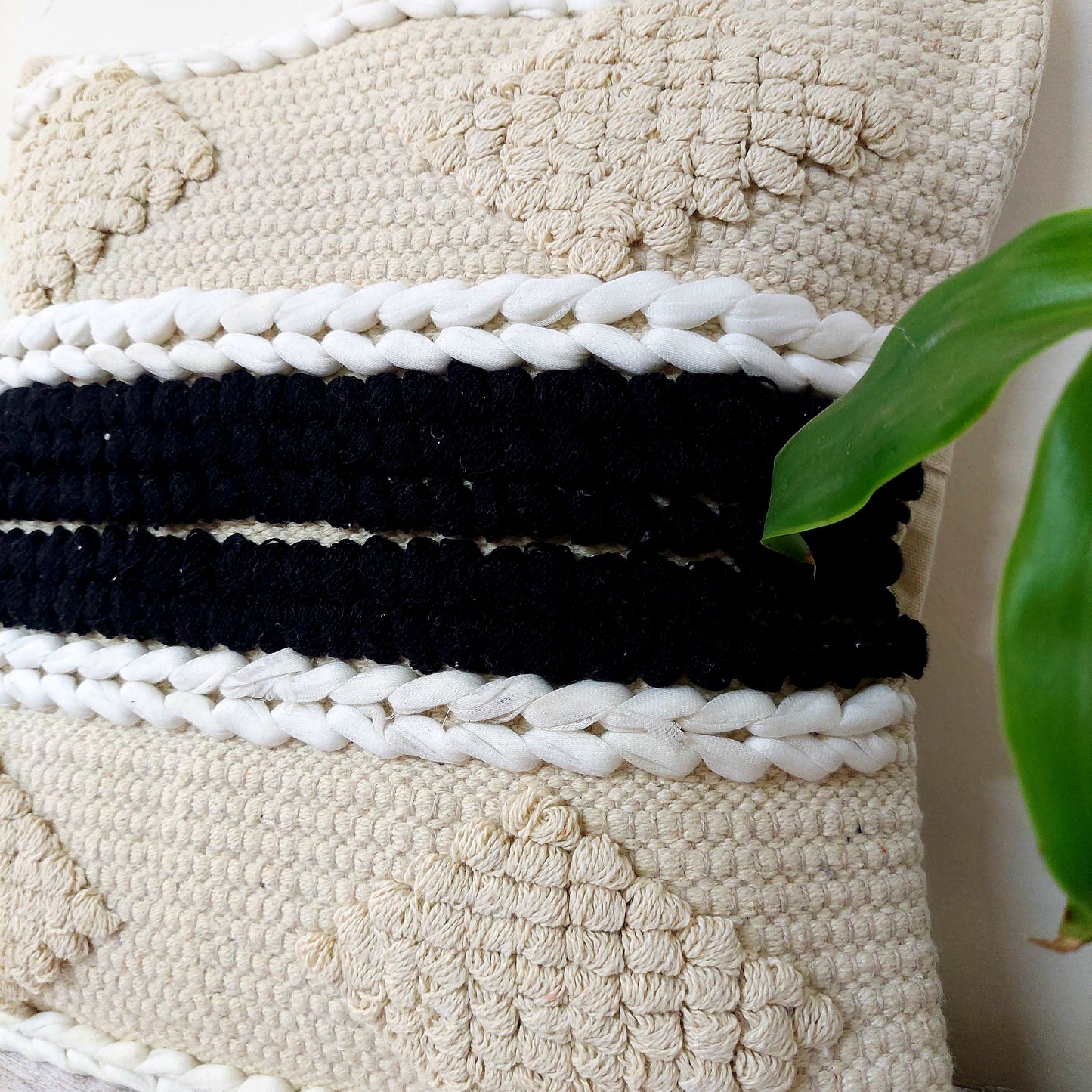 Handwoven Off White Tufted Boho Cushion Cover with Black Stripe
