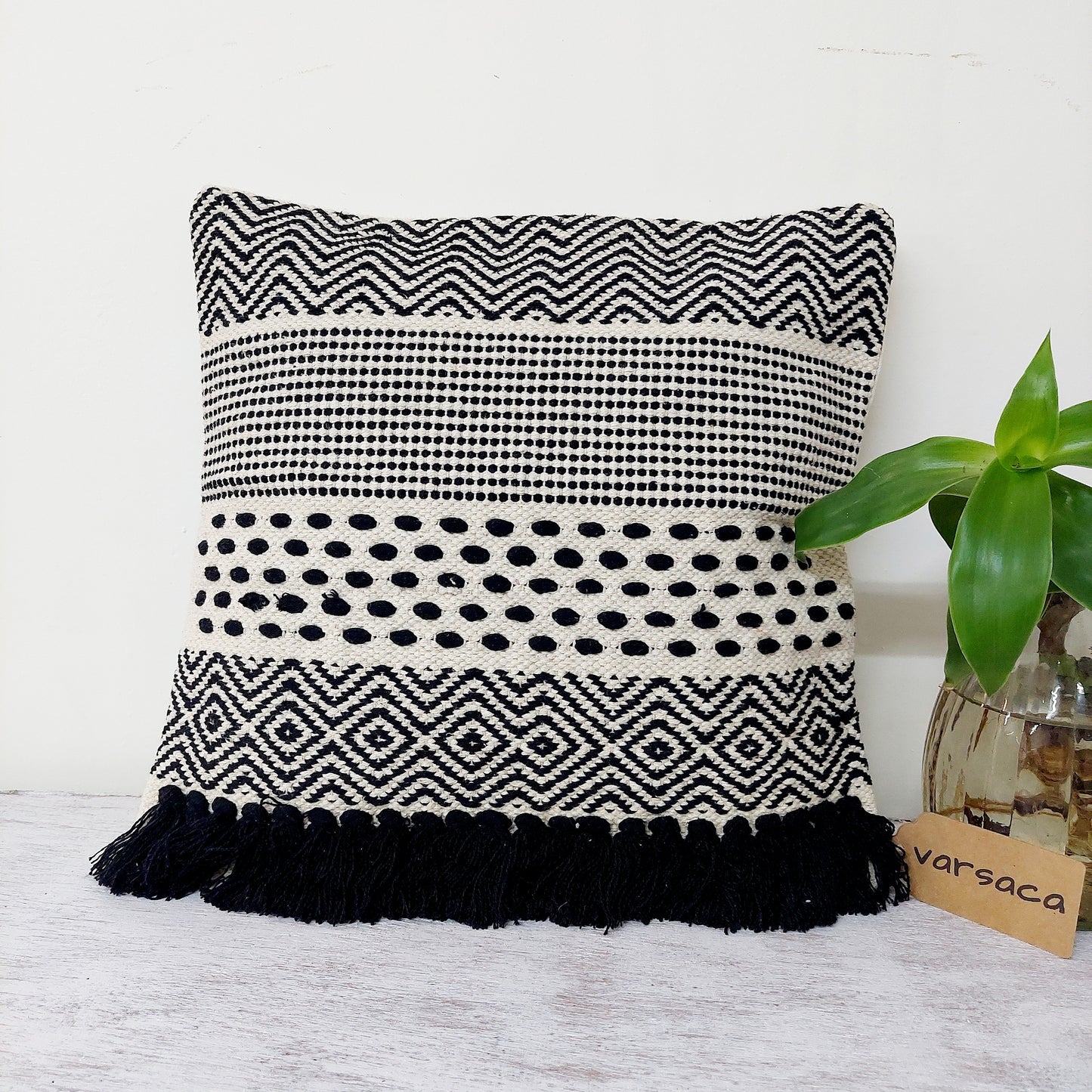 Rows and Dots Pattern Handwoven Black and White Tufted Boho Cushion Cover