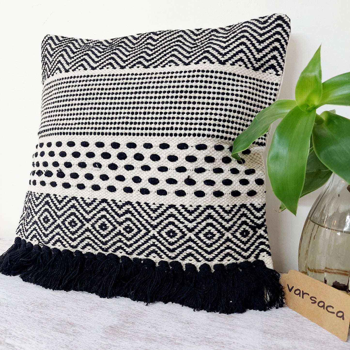 Rows and Dots Pattern Handwoven Black and White Tufted Boho Cushion Cover