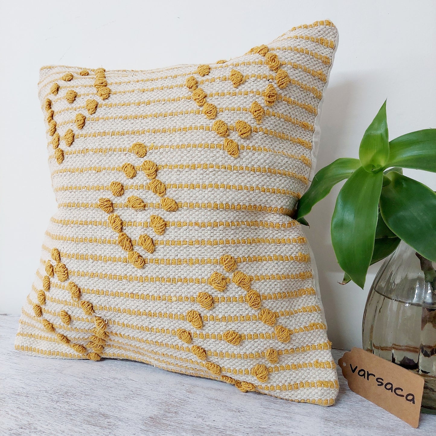 Yellow And Off White Handwoven Tufted Boho Cushion Cover