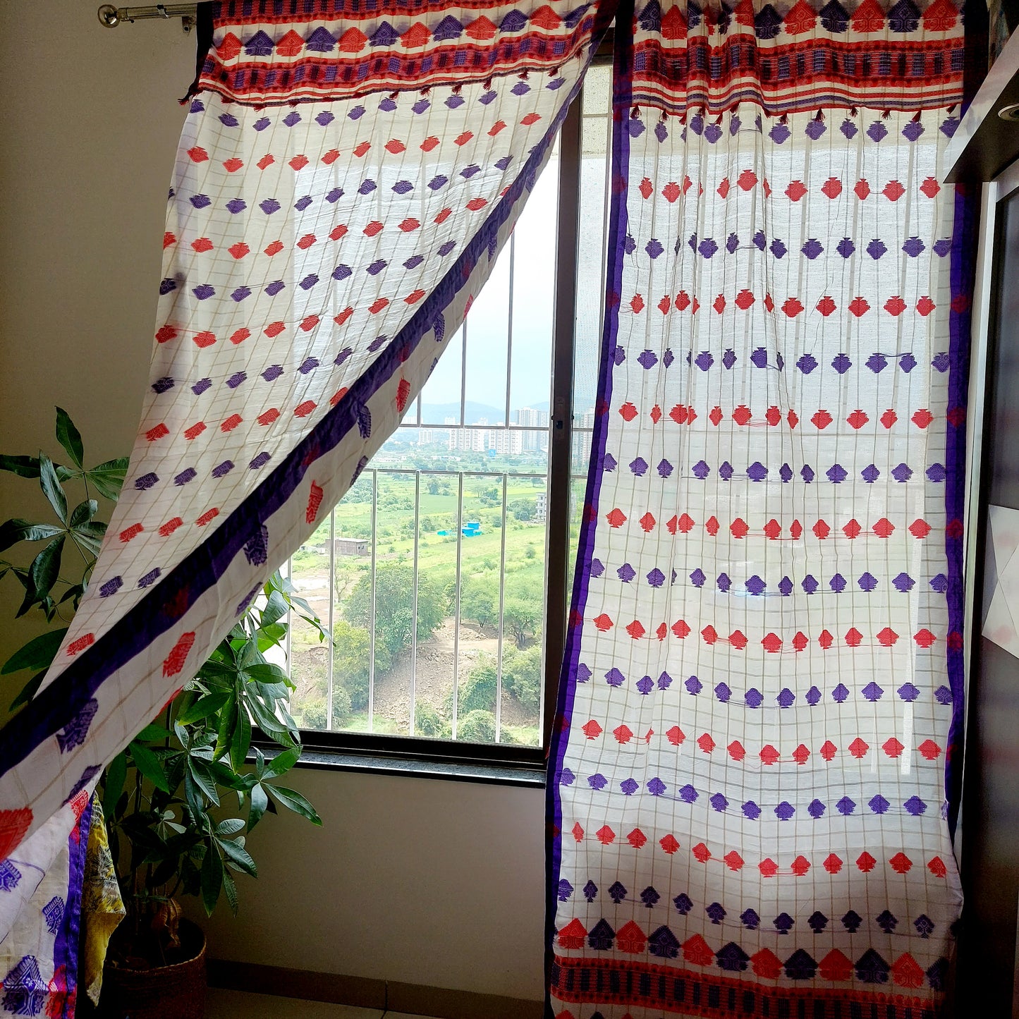 Red and Purple Assamese Handloom Sheer Curtain with Gach Buta Tree Motif | Cotton-Silk Blend | Traditional Assamese Design