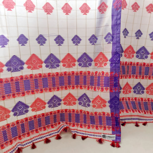 Red and Purple Assamese Handloom Sheer Curtain with Gach Buta Tree Motif | Cotton-Silk Blend | Traditional Assamese Design