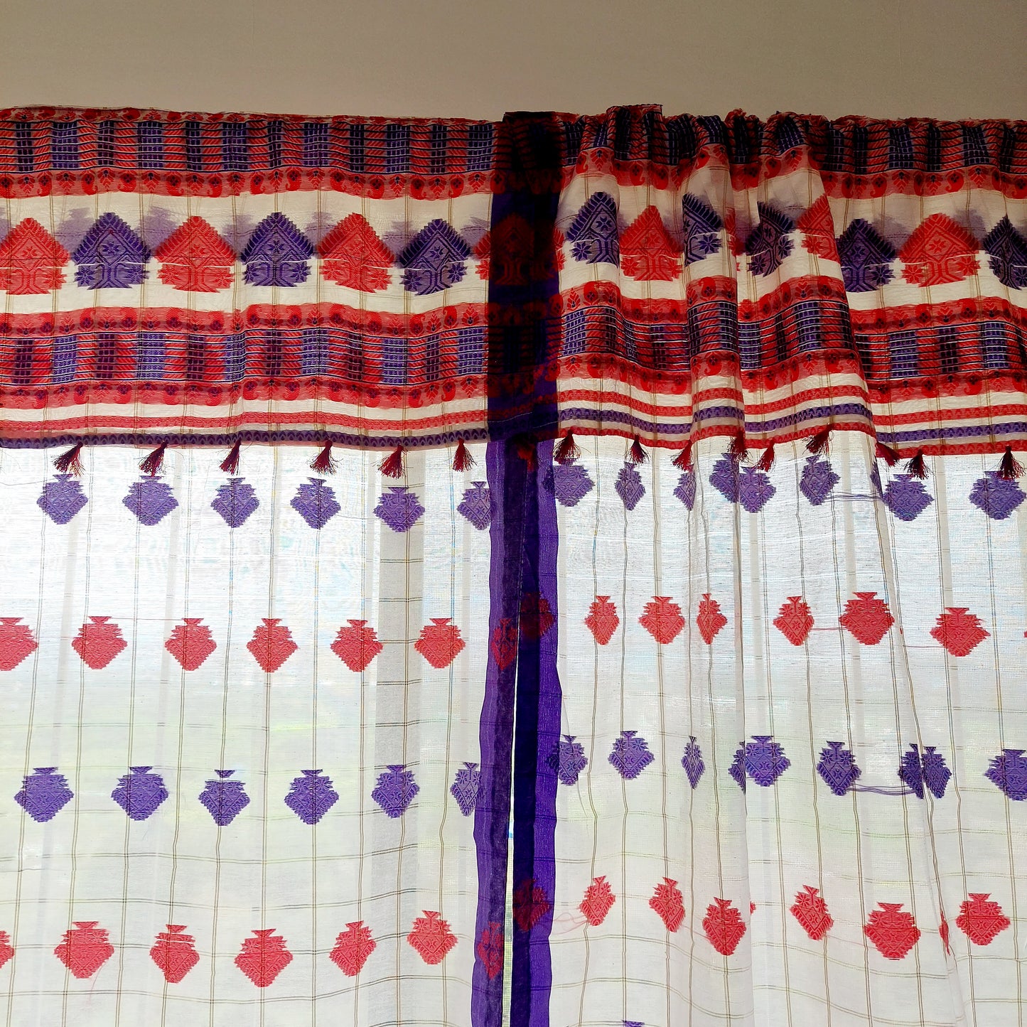 Red and Purple Assamese Handloom Sheer Curtain with Gach Buta Tree Motif | Cotton-Silk Blend | Traditional Assamese Design