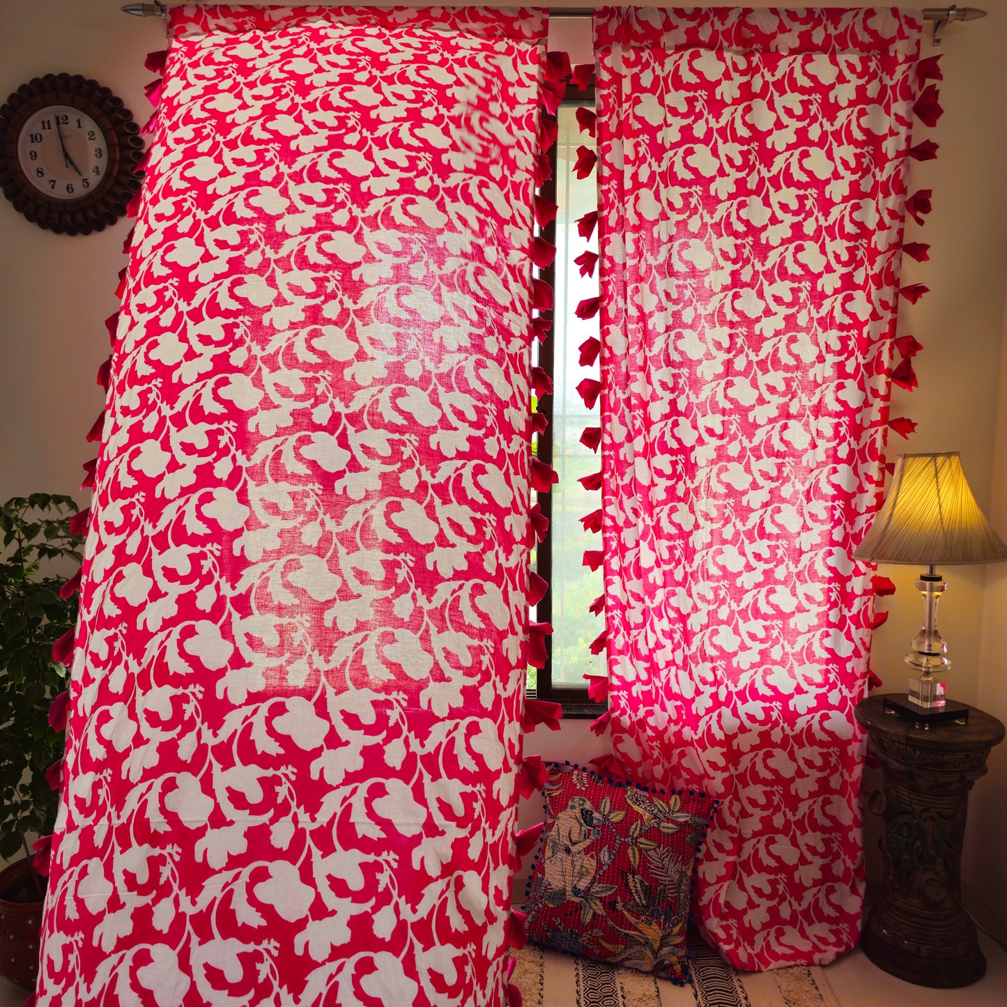 Pink and White Floral Cotton Curtain with Pink Tassels