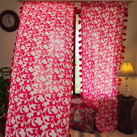 Pink and White Floral Cotton Curtain with Pink Tassels