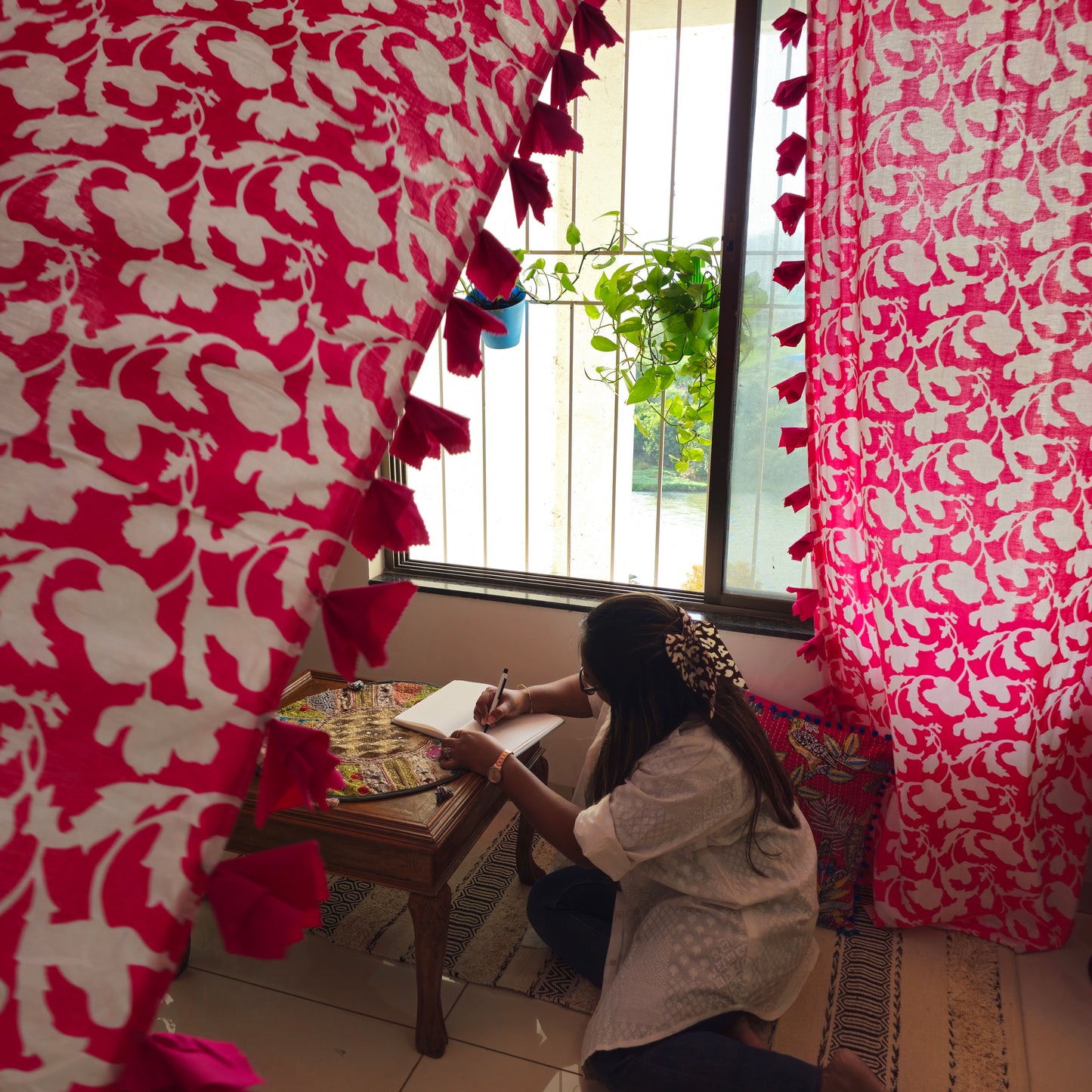 Pink and White Floral Cotton Curtain with Pink Tassels