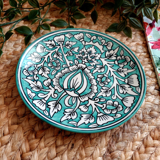 Hand-Painted Teal Ceramic Wall Plate with Intricate Motifs