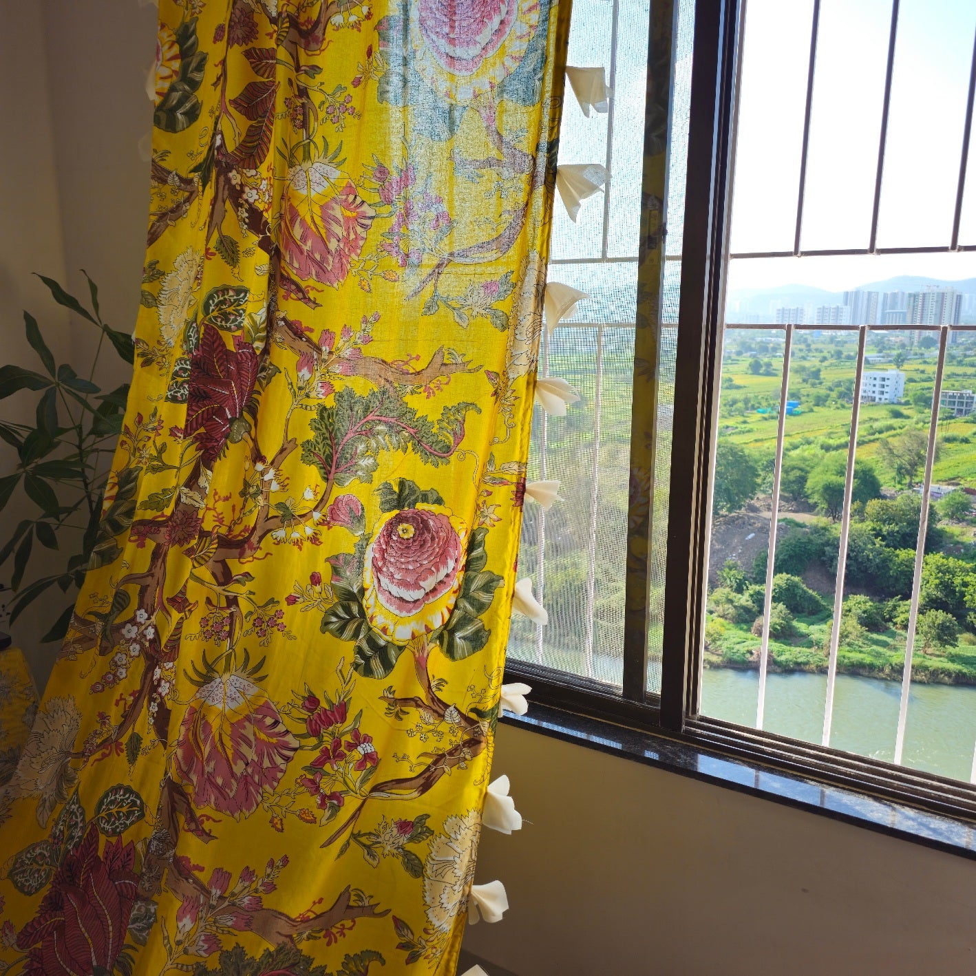 Bright Yellow Floral Cotton Curtain with Off White Tassels