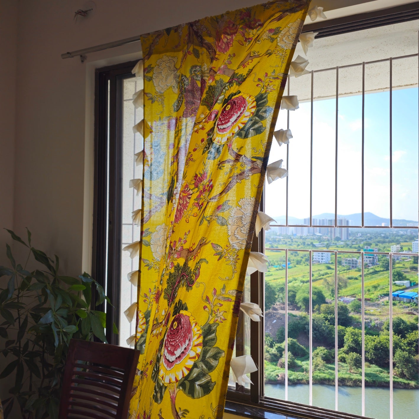 Bright Yellow Floral Cotton Curtain with Off White Tassels