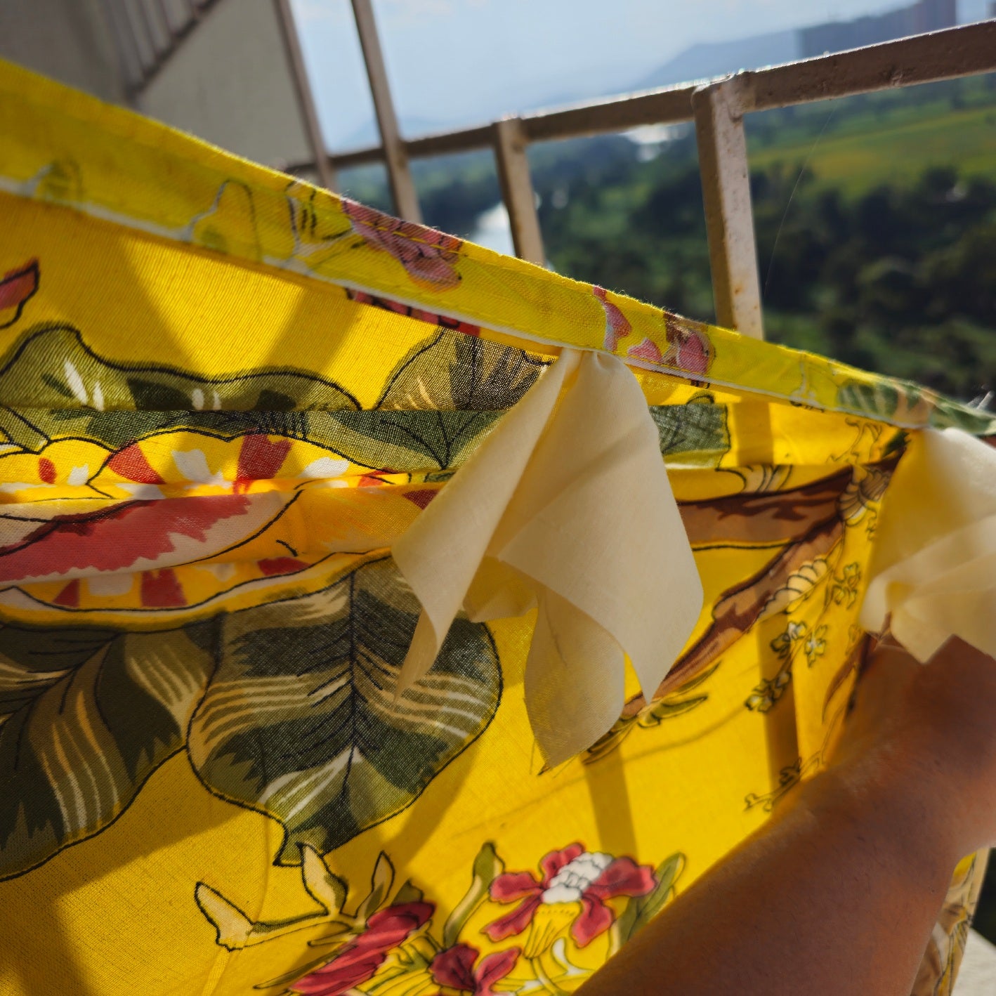 Bright Yellow Floral Cotton Curtain with Off White Tassels